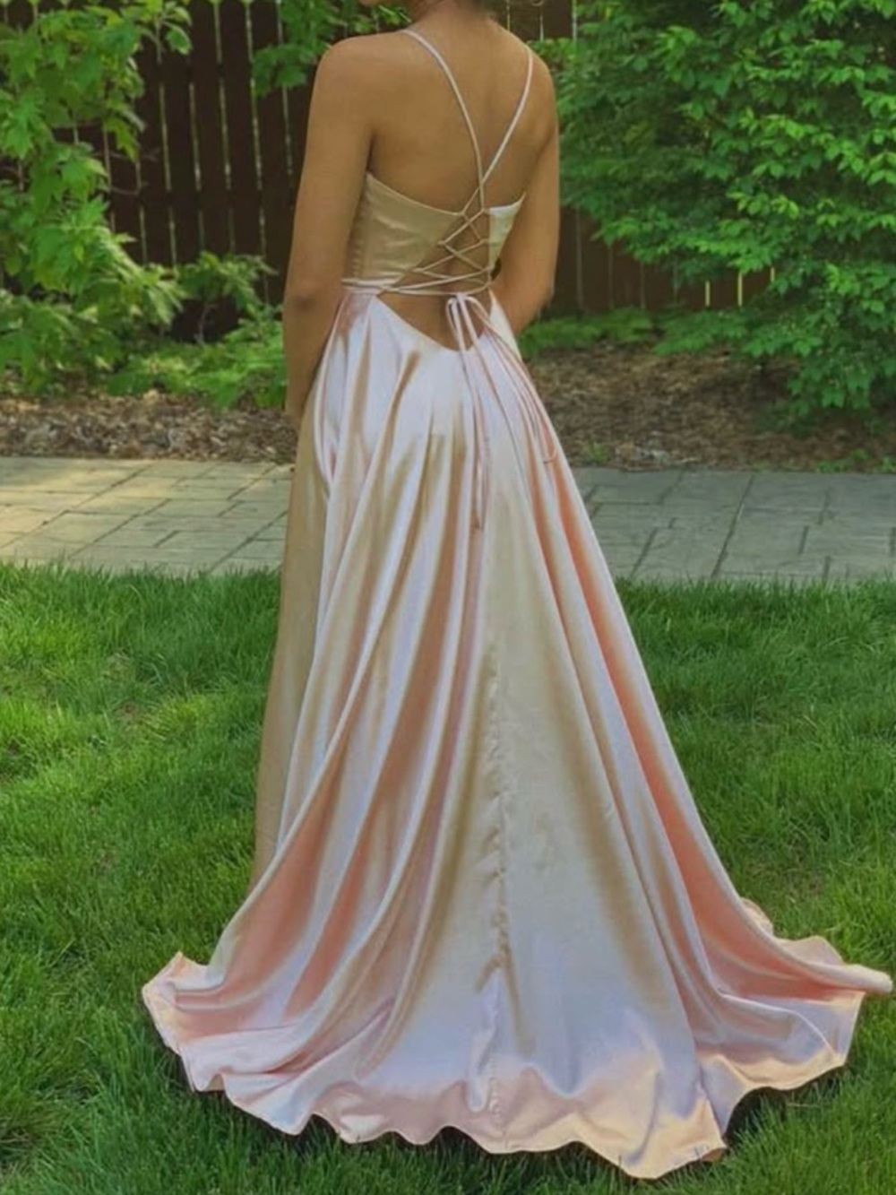 Blush Pink Satin Backless Prom Dress with Lace-Up Detail